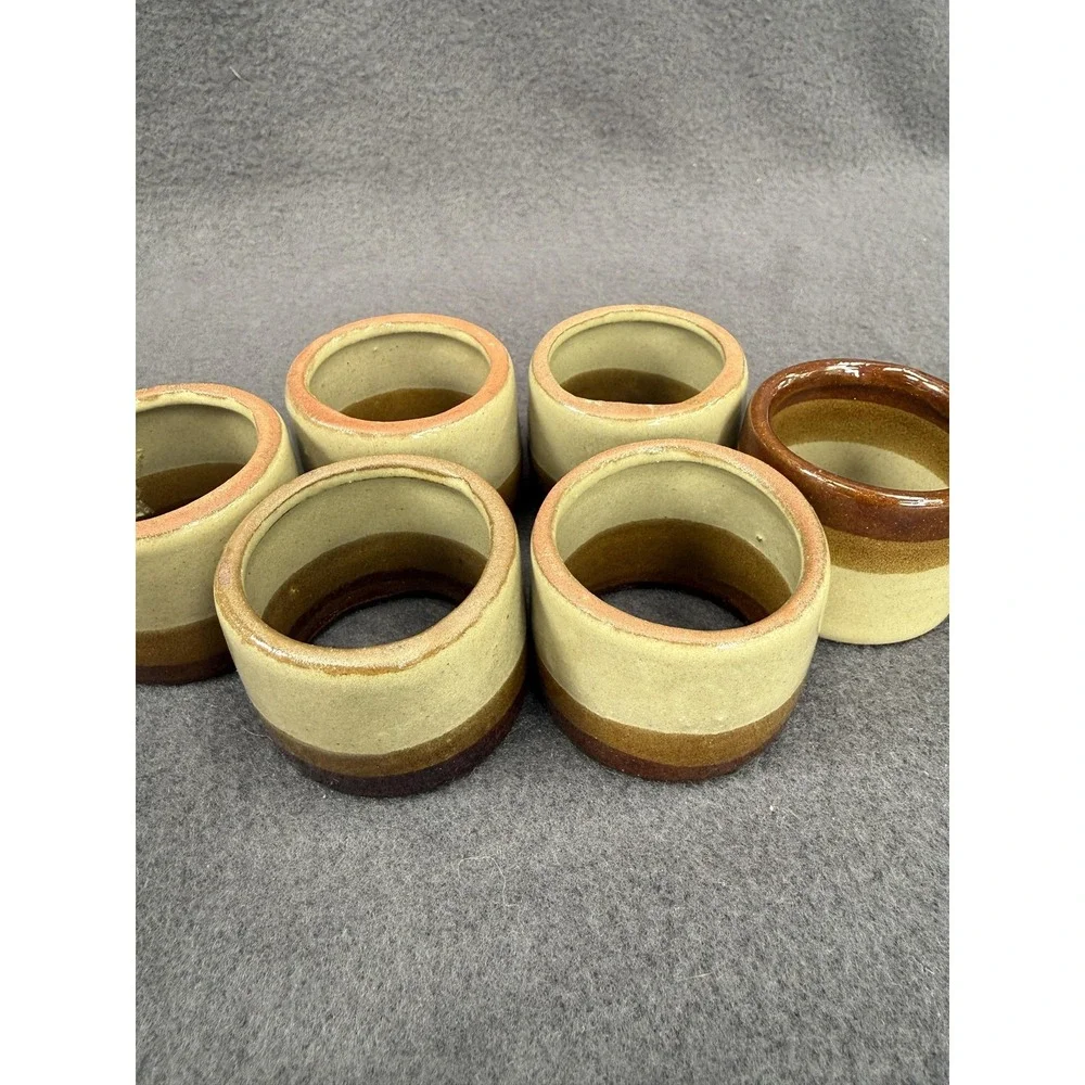 Stoneware Ceramic Striped Napkin Rings Set Of 6 Brown Rustic Table Decor